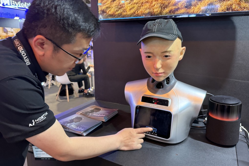 Beijing’s Noetix Robotics showcases a robot head at Beyond Expo that can simulate human facial expressions. Photo: Xinmei Shen