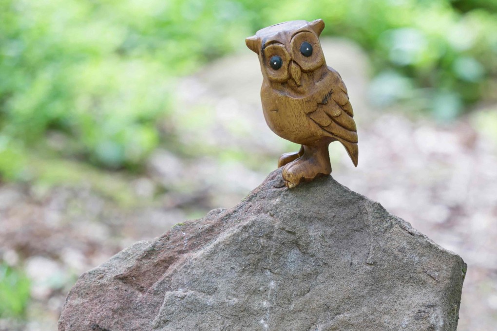 A wooden owl on the stone in northeastern France under which a golden owl replica was found in October 2024 after a treasure hunt that lasted more than 30 years. A new hunt will start soon, the organiser says. Photo: AFP