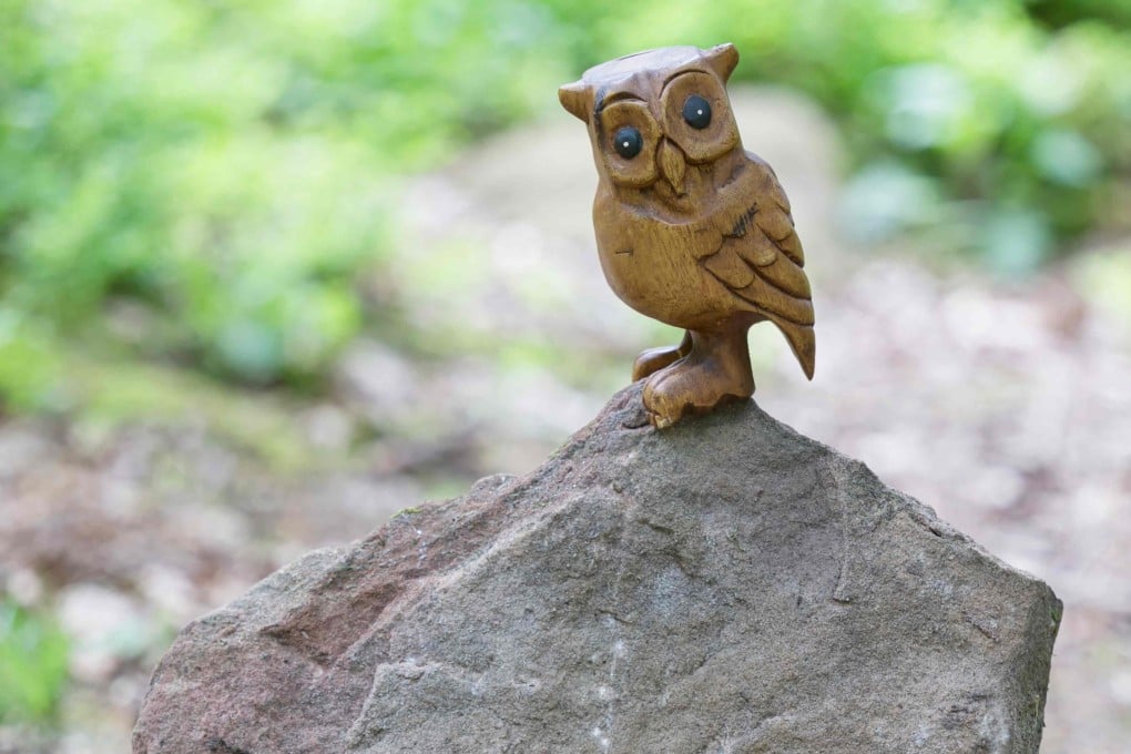 A wooden owl on the stone in northeastern France under which a golden owl replica was found in October 2024 after a treasure hunt that lasted more than 30 years. A new hunt will start soon, the organiser says. Photo: AFP
