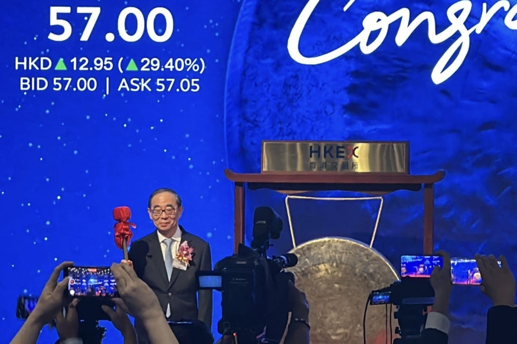 Sun Piaoyang, chairman of Hengrui, at the company’s trading debut on the Hong Kong stock exchange on Friday. Photo: Aileen Chuang
