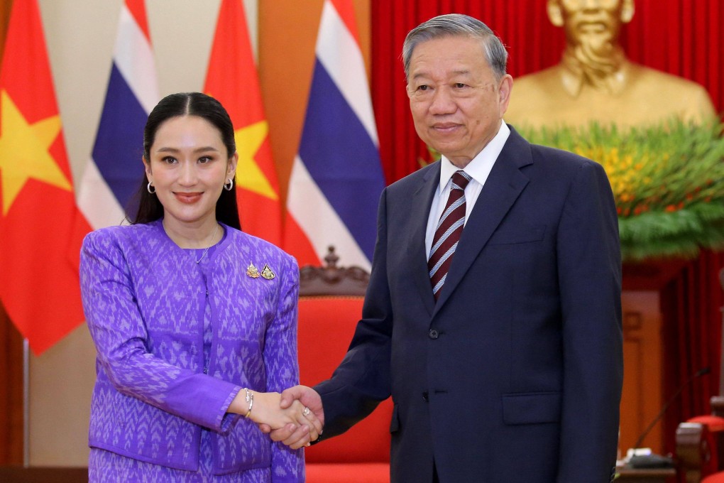 Thailand’s Prime Minister Paetongtarn Shinawatra (left) shakes hands with To Lam, general secretary of the Communist Party of Vietnam, on May 16. Photo: AP