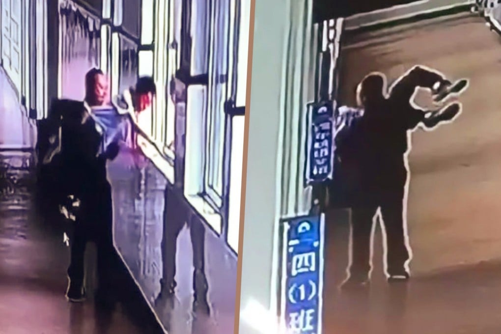 A teacher in China who threatened to throw a student from the third-floor window of a school after the boy sprayed him with a water gun has been sanctioned by the authorities. Photo: SCMP composite/Douyin