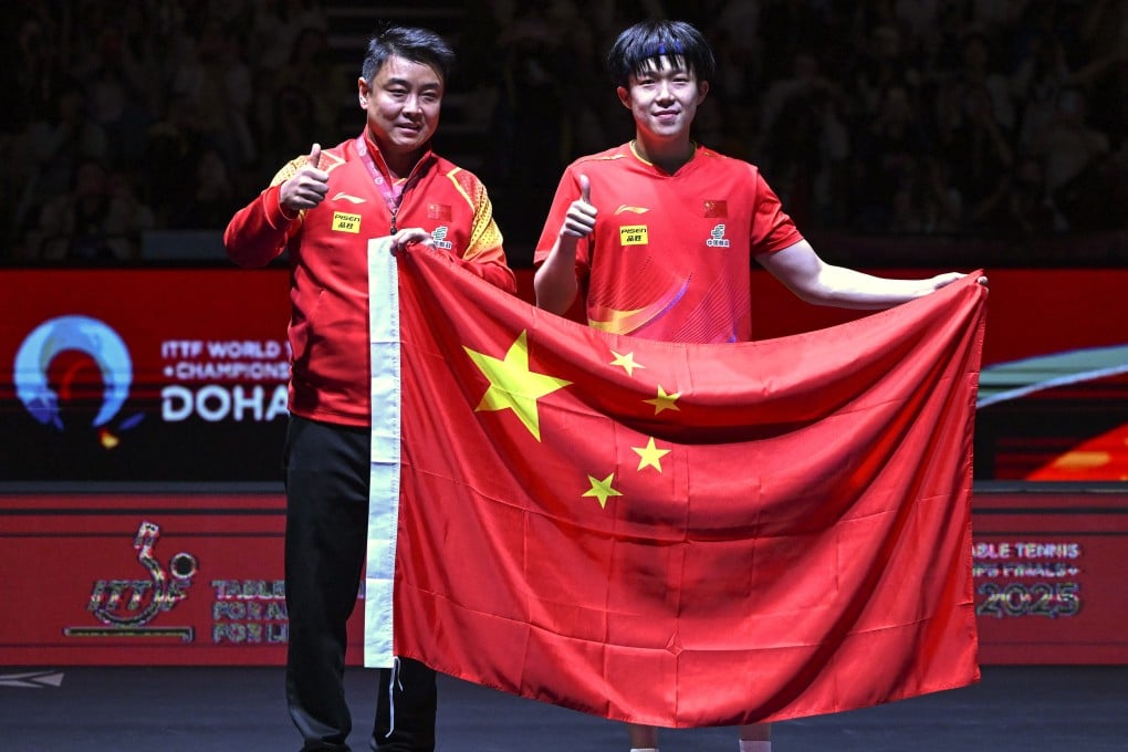Wang Chuqin (right) and coach Wang Hao celebrate after the men’s singles final at the ITTF World Table Tennis Championships. Photo: Xinhua