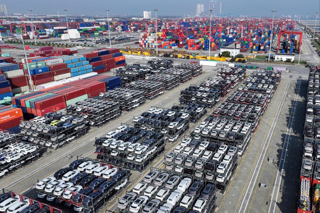 Chinese-made EVs and other cars wait to be shipped abroad at a port in Suzhou, in China’s eastern Jiangsu province, in April. Photo: AFP