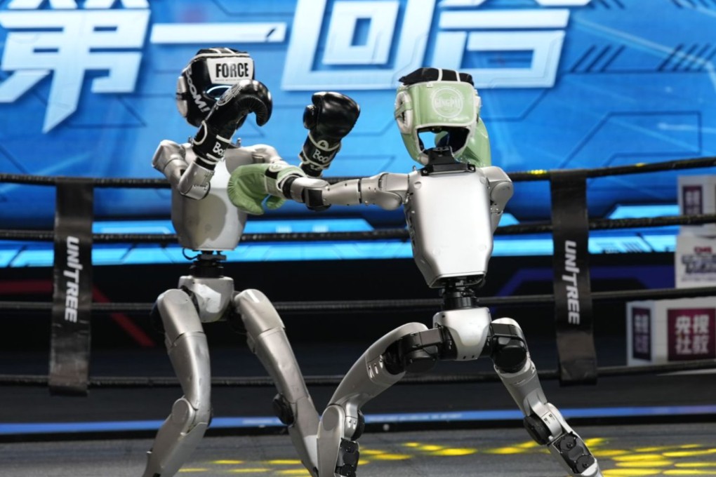 Unitree Robotics’ G1 humanoid robots square off at a kickboxing tournament in Hangzhou on Sunday. Photo: Handout