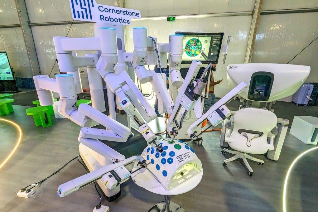 A robotic surgical system from start-up Cornerstone Robotics on display at the Leap technology conference in Riyadh, Saudi Arabia, on March 5, 2024. Photo: Matt Haldane