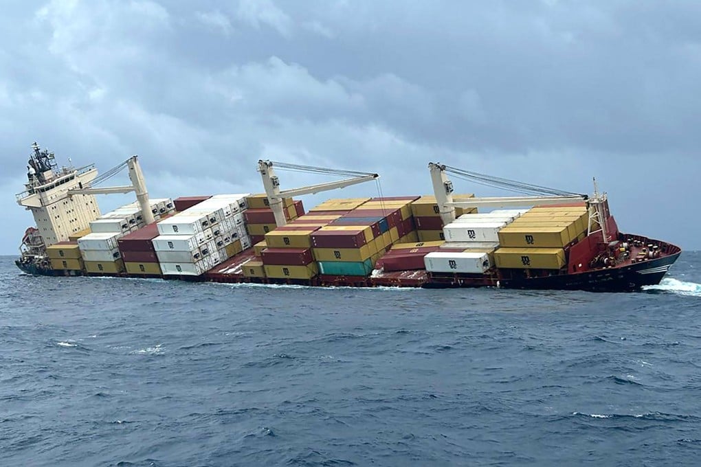 A Liberian-flagged container ship with hazardous cargo on board is seen sinking off India’s southern coast of Kerala on Sunday. Photo: Indian Defence Public Relations Office of Mumbai / AFP