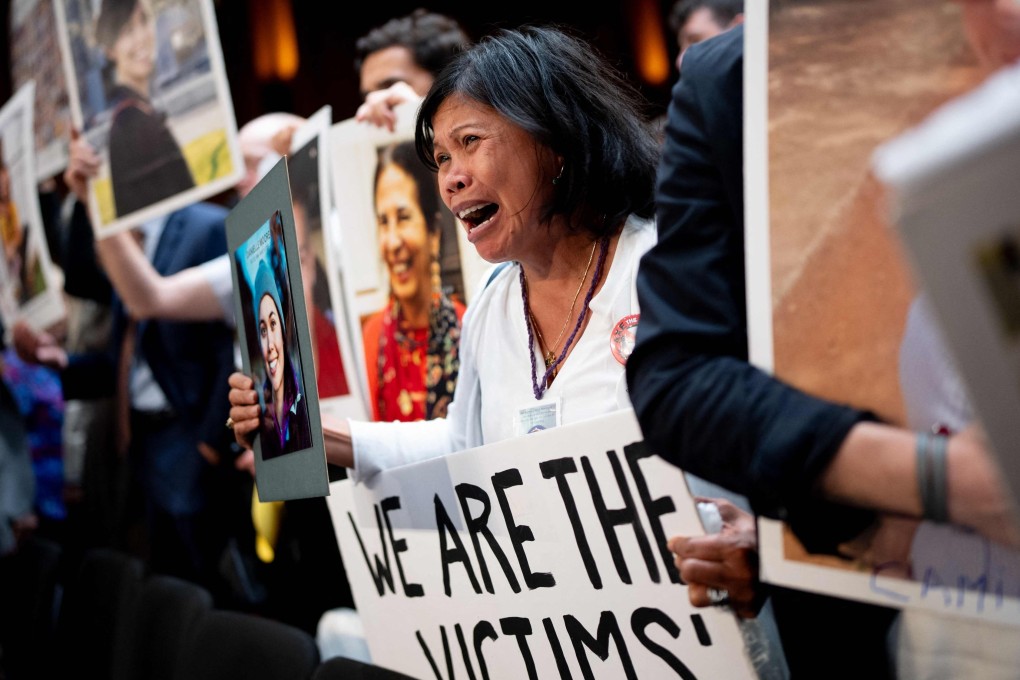 Family members of those killed in the Ethiopian Airlines flight 302 and Lion Air flight 610 crashes protest against Boeing at a hearing in Washington last year on the airline’s broken safety culture. Photo: Getty Images/AFP