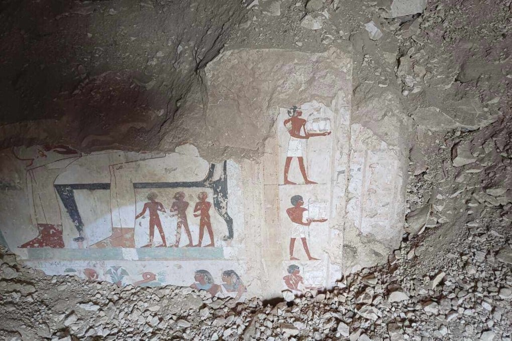 Hieroglyphs are revealed in the three new graves of senior statesmen found in the Dra’ Abu al-Naga necropolis area in Luxor, Egypt. Photo: Egypt Ministry of Tourism and Antiquities via AP