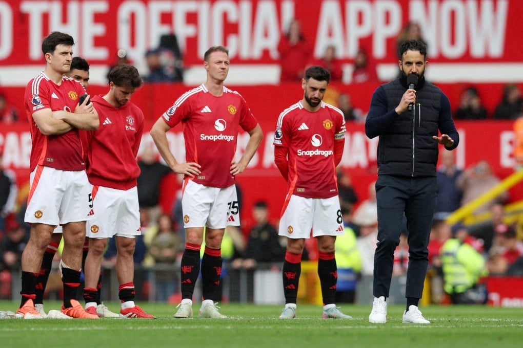 United players look on as coach Ruben Amorim addresses the fans after Sunday’s season closer at Old Trafford. Photo: Reuters