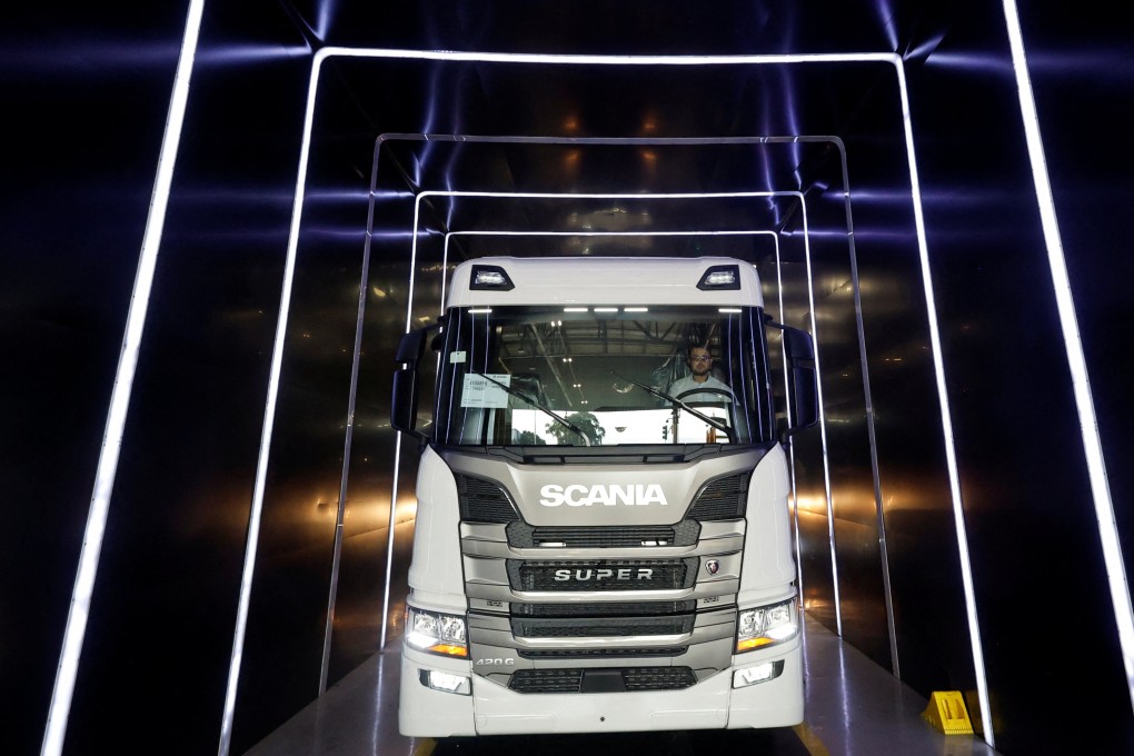 A worker drives a new truck off a manufacturing line at Scania’s plant in Sao Bernardo do Campo in the state of Sao Paulo, Brazil, on May 19, 2025. Photo: Reuters
