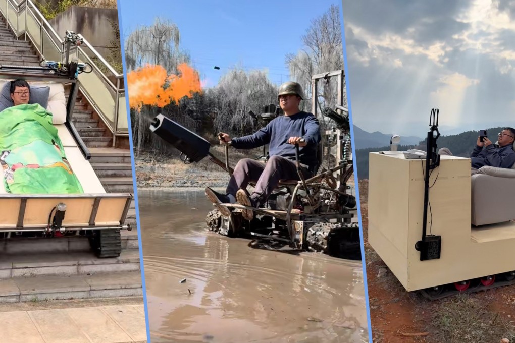A Chinese man living in the mountains has built 300 creative cars including a “work-desk vehicle” that includes a hidden grill and a bed on wheels capable of traversing steep, rugged terrains. Photo: SCMP composite/Douyin