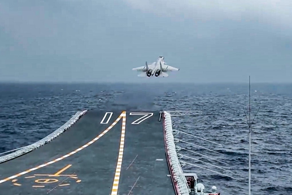 A PLA Navy aircraft carrier task group takes part in drills  east of Taiwan in April. Photo: CCTV