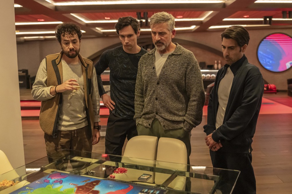 From left: Ramy Youseff, Cory Michael Smith, Steve Carell and Jason Schwartzman as tech bros in a still from Mountainhead, Succession creator Jessie Armstrong’s new film on HBO. Photo: TNS