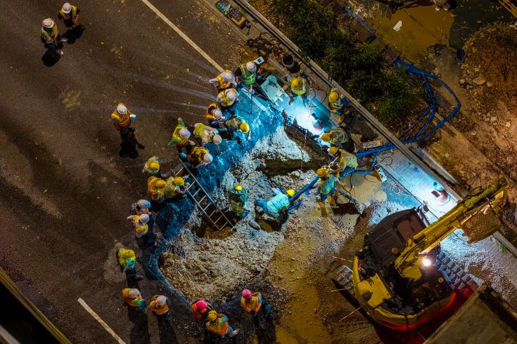The leakage first came to light on Monday night. Authorities later located the seepage under the slow lane of Tuen Mun Road, prompting the road closure on Tuesday. Photo: Handout
