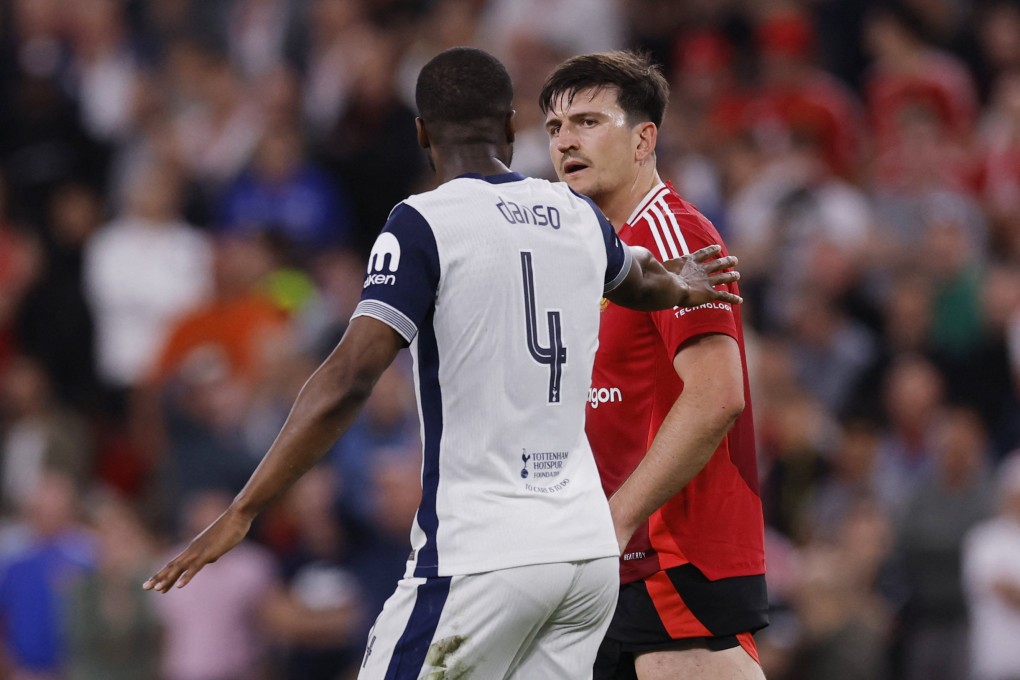 Harry Maguire takes issue with Tottenham Hotspur defender Kevin Danso during last week’s Europa League final. Photo: Reuters