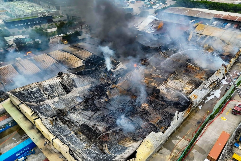 Hong Kong’s Fire Services Department say the fire at the warehouse on Ha Tsuen Road was largely extinguished at around 10am on Wednesday. Photo: Handout