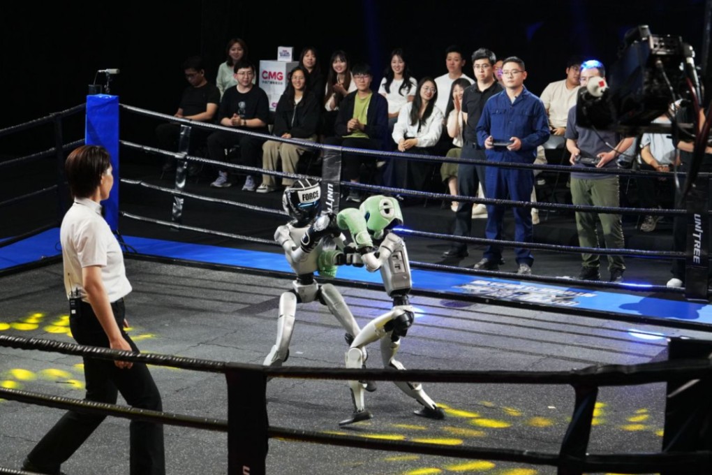 Humanoid robots square off in a fight on Sunday in Hangzhou. Photo: Handout