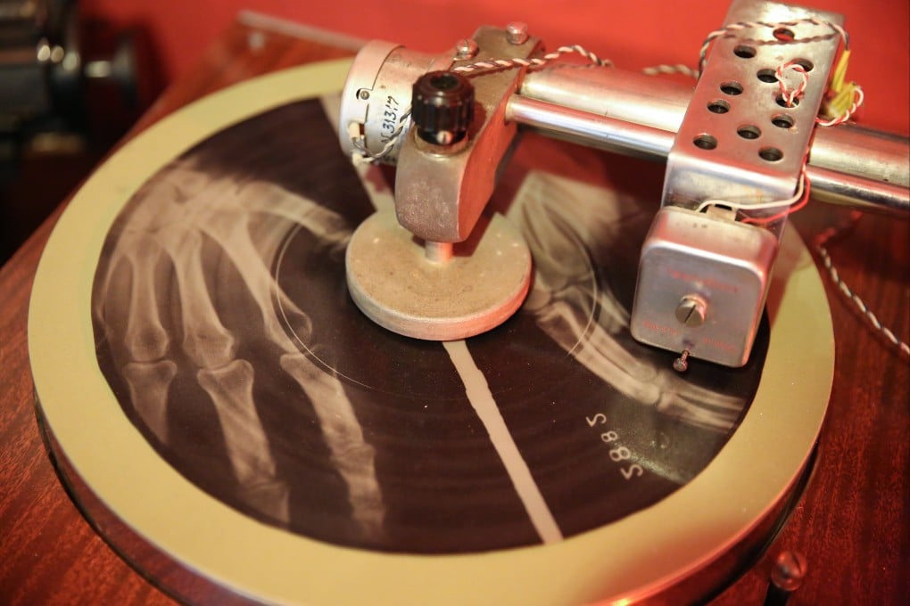 A disc-cutting lathe shows how records were produced on old X-rays by bootleggers in the Cold War-era Soviet Union. Photo: Getty Images
