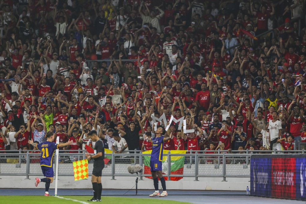 Maung Maung Lwin (centre) of Asean All-Stars scoring the winner against Manchester United in Kuala Lumpur. Photo: EPA-EFE