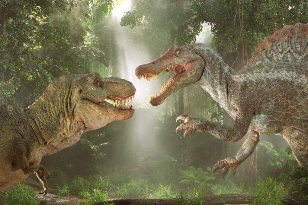A T-Rex and a Spinosaurus square up in a still from Jurassic Park 3. A new study raises the possibility that dinosaurs could be used to study ancient tumours, helping to fill in the “jigsaw” of cancer’s molecular building blocks.