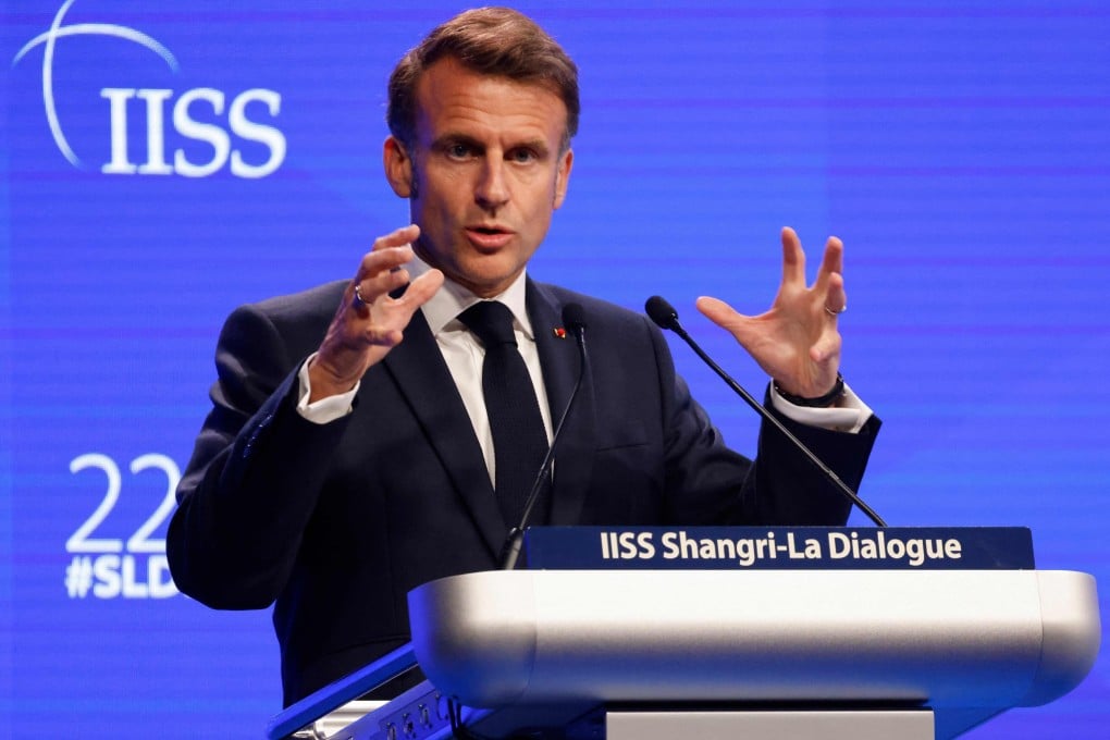 France’s President Emmanuel Macron delivers the keynote address at the Shangri-La Dialogue in Singapore on Friday. Photo: AFP