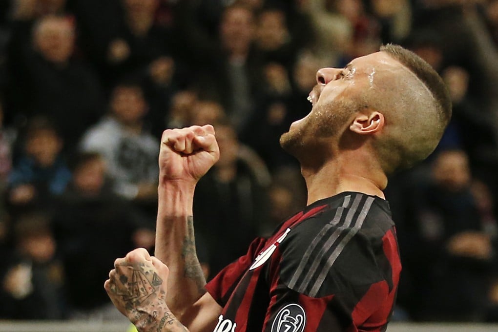 Jeremy Menez celebrates after scoring for AC Milan during their 2016 Italian Cup semi-final second leg victory over Alessandria. Photo: AP