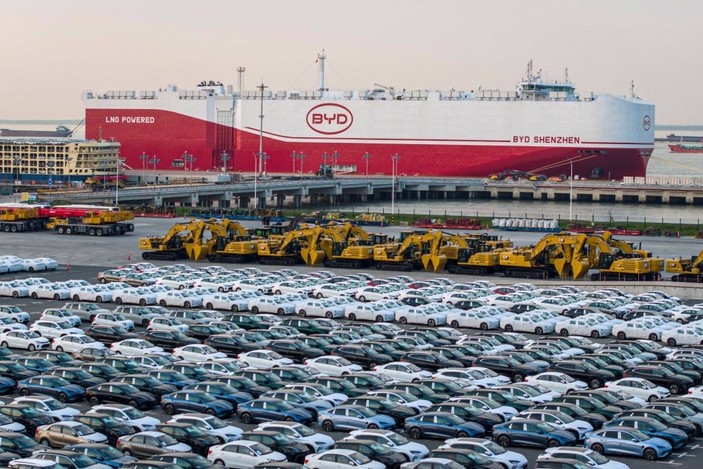 BYD electric cars wait to be loaded onto the automobile carrier BYD Shenzhen at Taicang Port in China’s eastern Jiangsu province on April 27. Photo: AFP