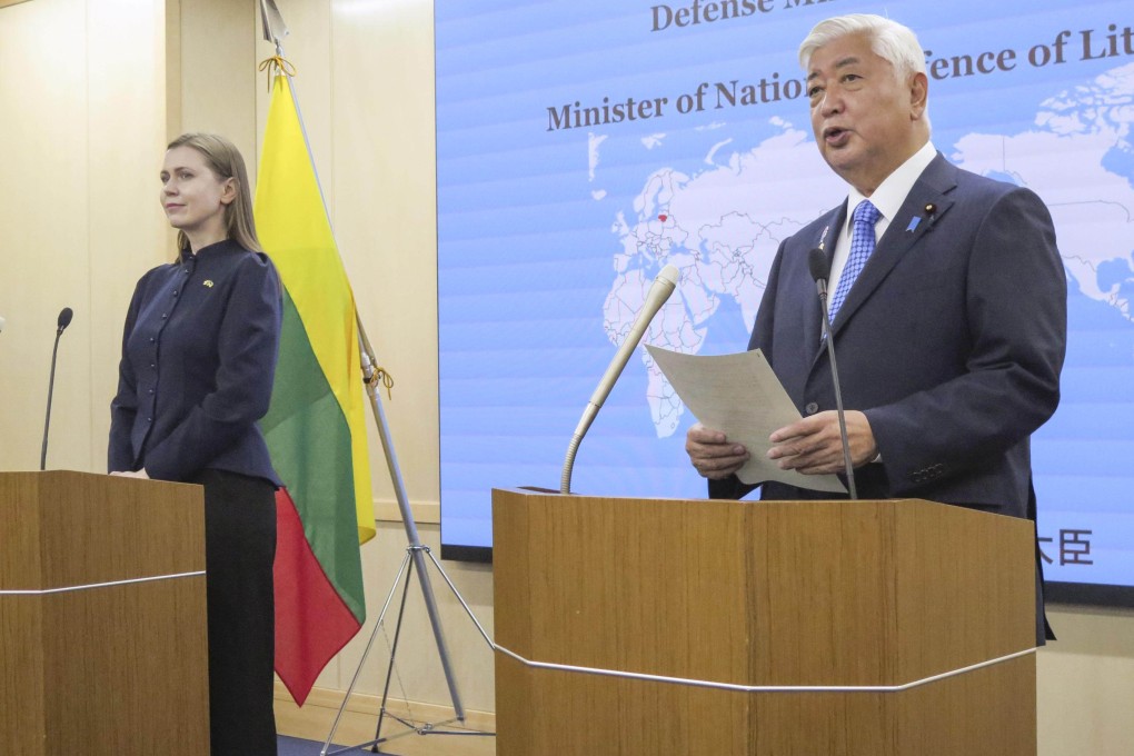 Japanese Defence Minister Gen Nakatani (right) with his Lithuanian counterpart Dovile Sakaliene in Tokyo on May 28. Photo: Kyodo