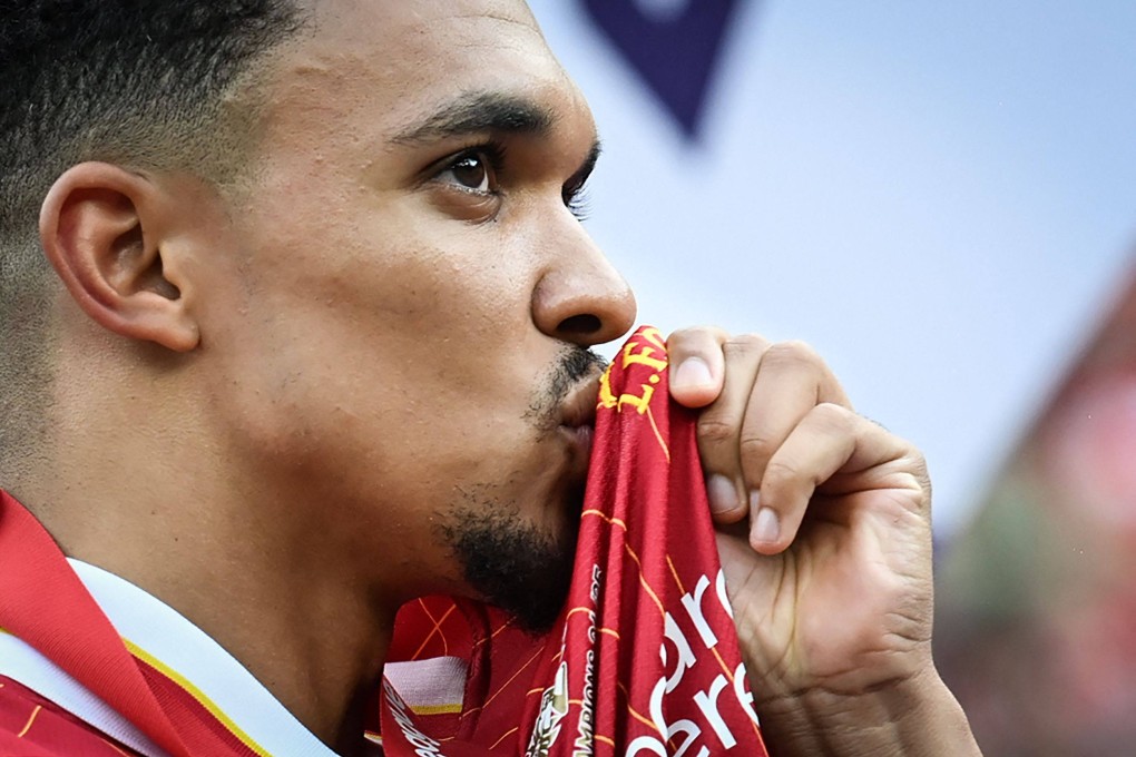 Trent Alexander-Arnold says farewell to Liverpool as they collect the Premier League trophy last Sunday. Photo: AFP