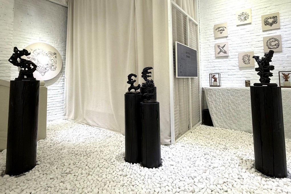 Installation view of artist Ernest Chang’s exhibition “Artifice” at The Stallery in Wan Chai, Hong Kong, which features traditional Chinese scholar rocks shaped like contemporary symbols. Photo: The Stallery