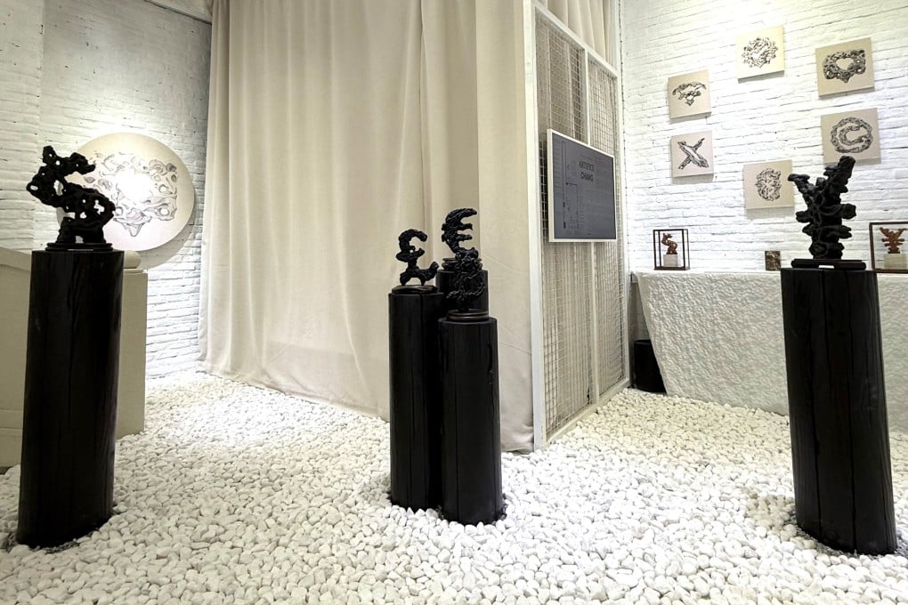 Installation view of artist Ernest Chang’s exhibition “Artifice” at The Stallery in Wan Chai, Hong Kong, which features traditional Chinese scholar rocks shaped like contemporary symbols. Photo: The Stallery