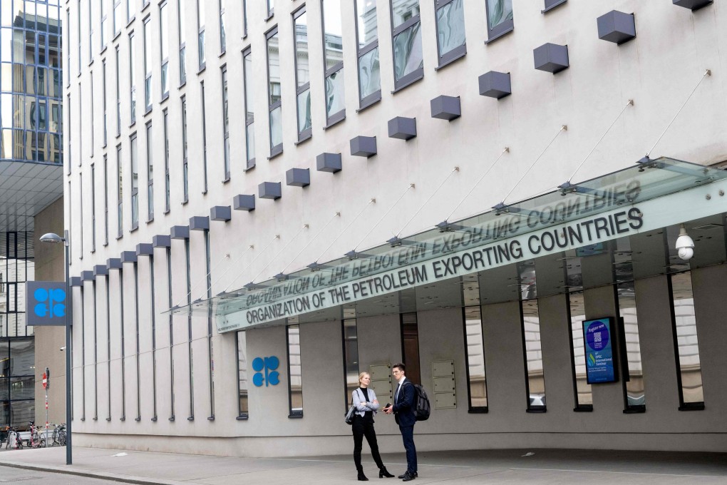 People stand outside the building headquarters of Opec in Vienna, Austria on May 28. Photo: AFP