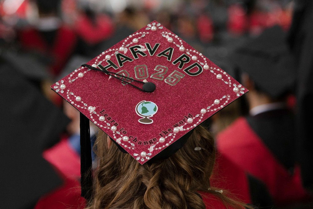 A graduate’s cap reads “Learn to Change the World” during Harvard’s commencement ceremony in Cambridge, Massachusetts, on Thursday. Photo: AFP
