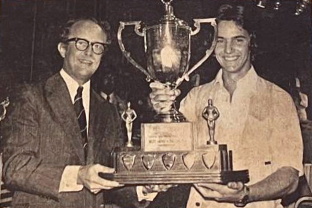 Paul Tarrant (right) with his trophy at the Hong Kong International Karting Prix in 1974. Photo: Handout