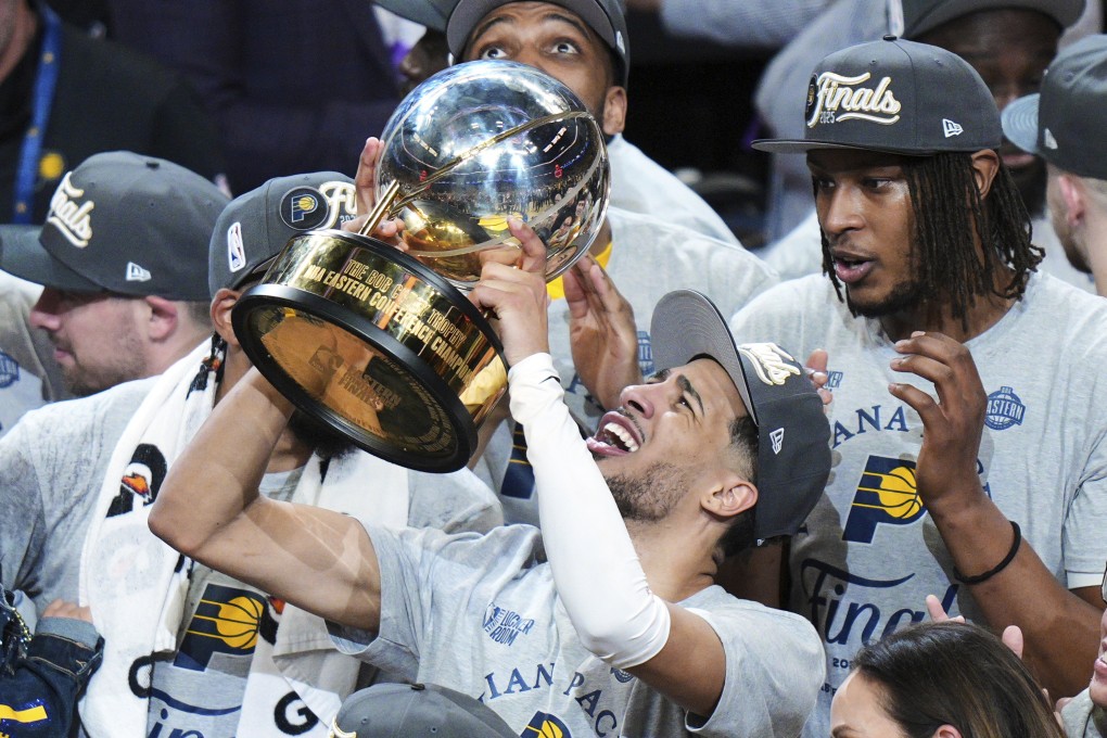 Indiana Pacers guard Tyrese Haliburton after winning the Eastern Conference finals. Photo: AP