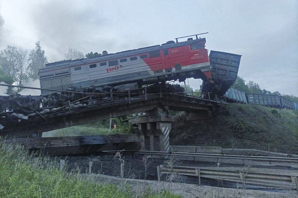 A damaged goods train following a railway bridge collapse in Russia’s Kursk region on Sunday. Photo: EPA-EFE