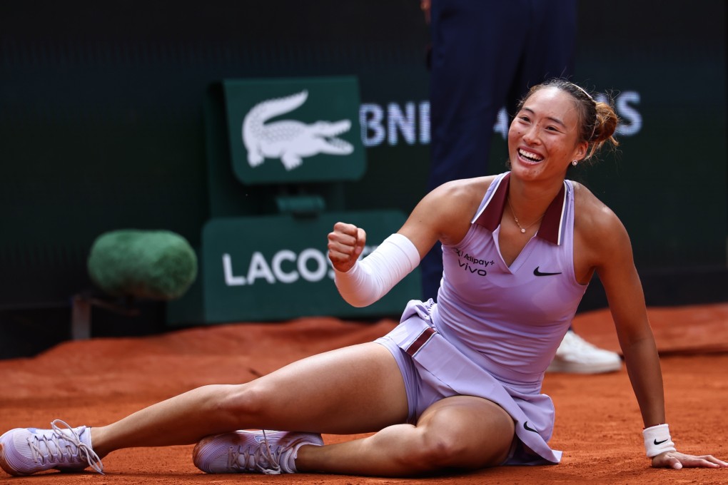 A smiling Zheng Qinwen elebrates beating Liudmila Samsonova in the fourth round of the women’s singles at the French Open. Photo: EPA-EFE