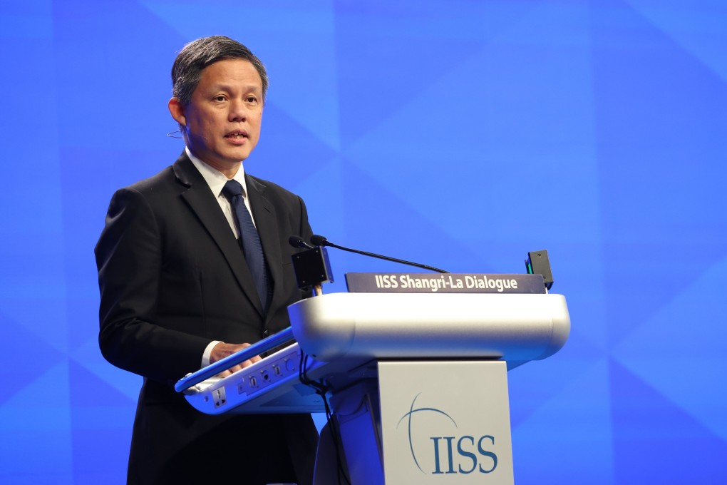 Singapore’s Defence Minister Chan Chun Sing delivers his speech at the Shangri-La Dialogue in the city state on Sunday. Photo: EPA-EFE
