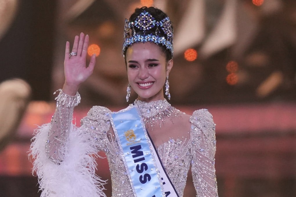 Suchata Chuangsri of Thailand waves after she was crowned Miss World 2025 in Hyderabad, India, on Saturday. Photo: AP