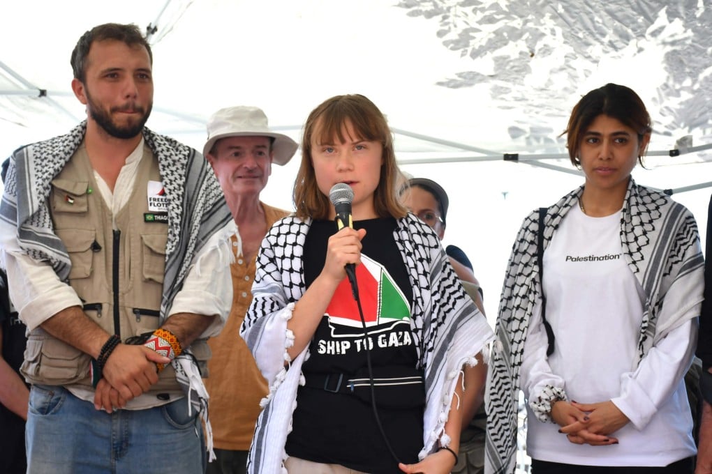 Swedish climate activist Greta Thunberg during a press conference with the crew of the Madleen. Photo: EPA-EFE
