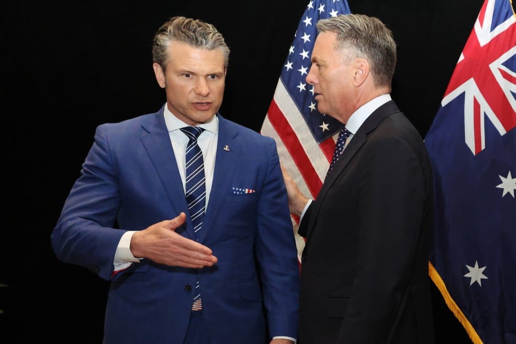 US Defence Secretary Pete Hegseth (left) and Australia’s Defence Minister Richard Marles, on the sidelines of the Shangri-La Dialogue defence summit in Singapore on Saturday. Photo: EPA-EFE