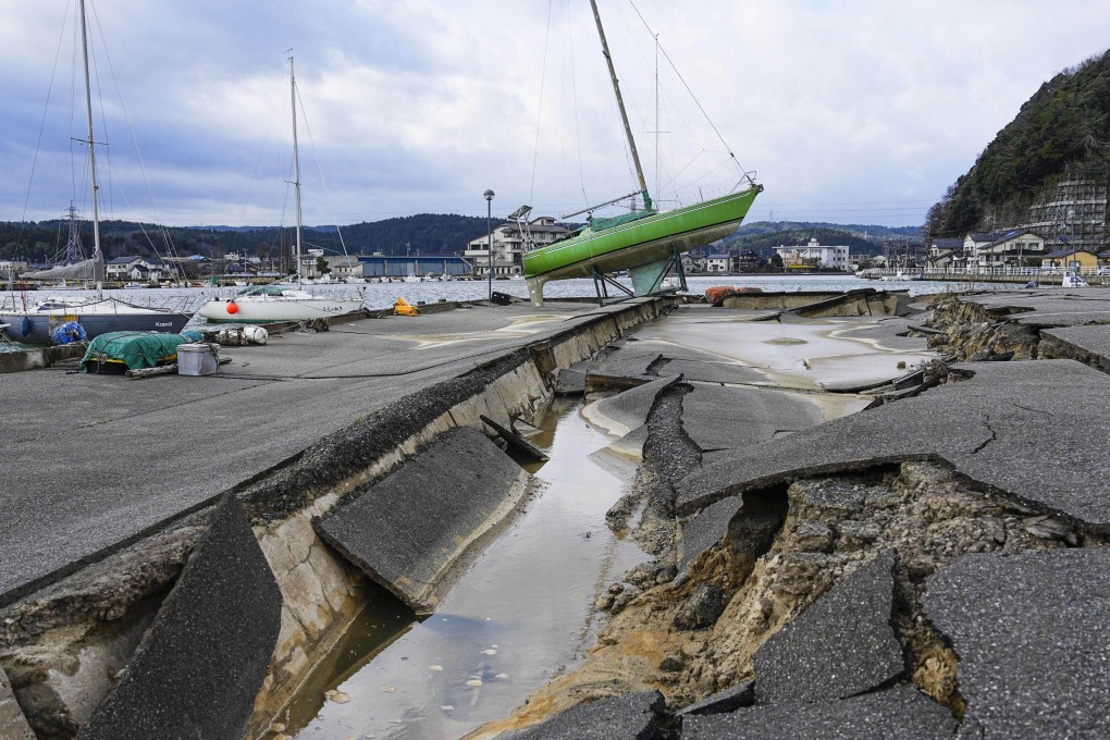 A damaged port in Anamizu, Japan’s Ishikawa prefecture, after a strong earthquake on January 1 last year. Photo: Kyodo