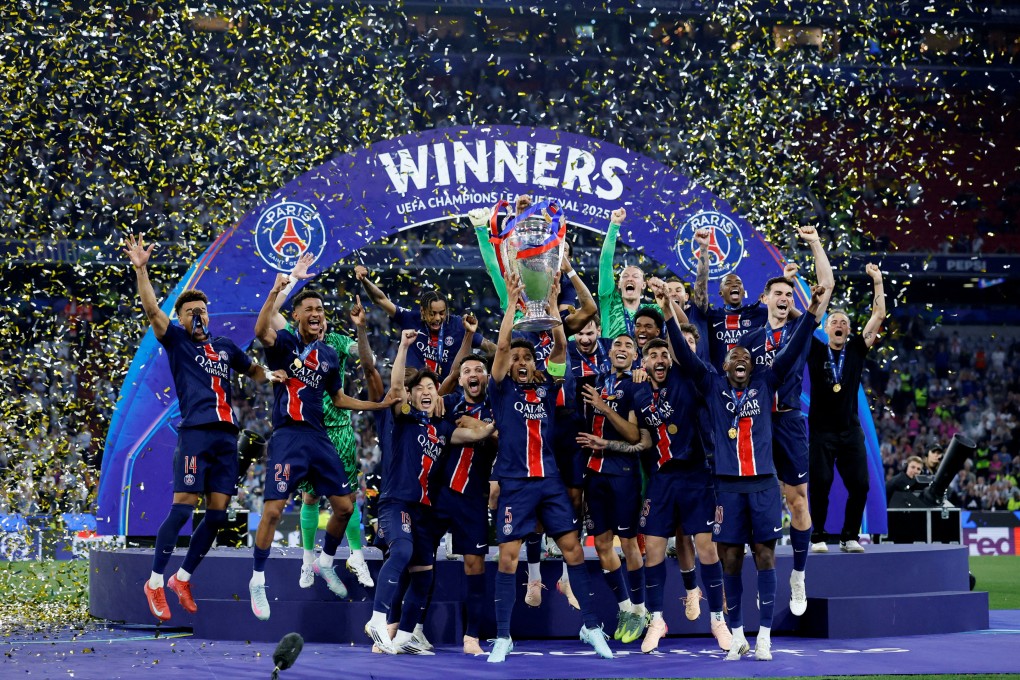 Paris Saint Germain celebrate winning their first-ever Champions League final in Munich as captain Marquinhos holds aloft the trophy. Photo: Reuters