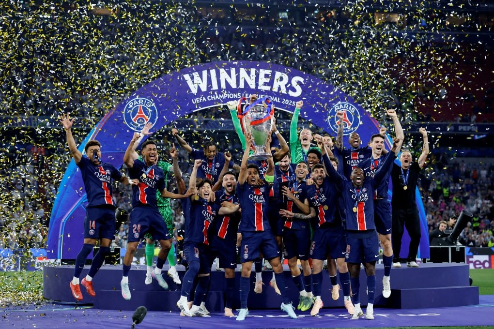 Paris Saint Germain celebrate winning their first-ever Champions League final in Munich as captain Marquinhos holds aloft the trophy. Photo: Reuters