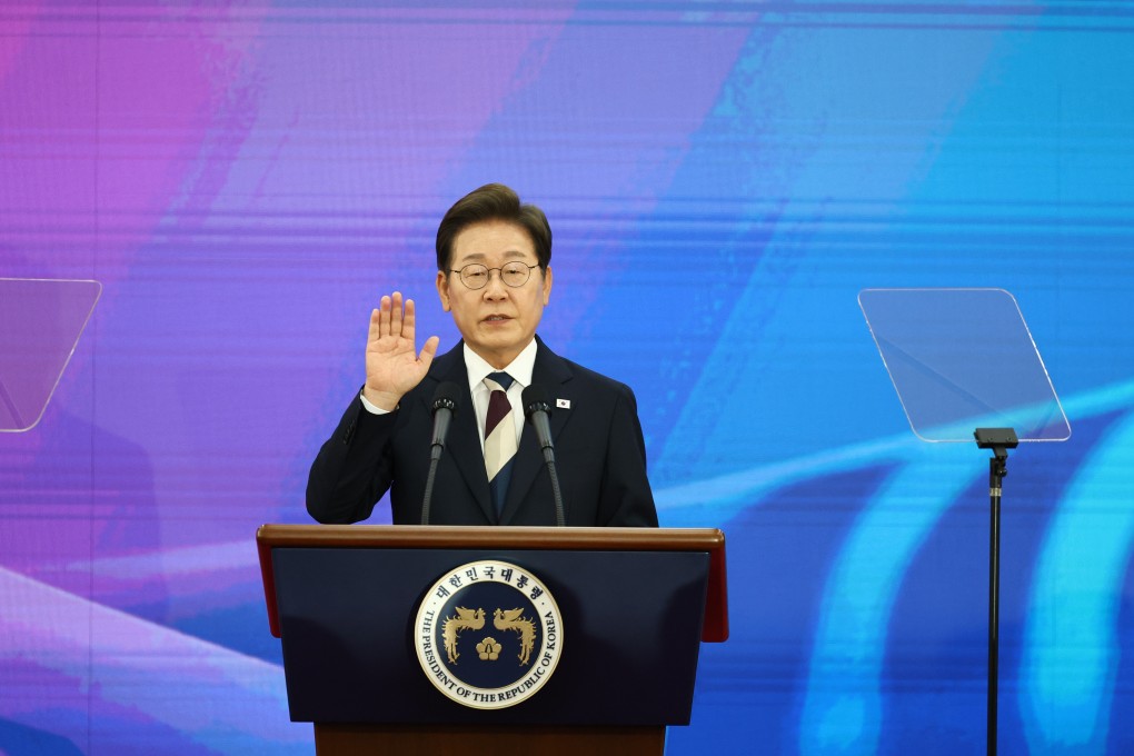 South Korea’s new President Lee Jae-myung takes the oath of office in the National Assembly building in Seoul on Wednesday. Photo: Xinhua