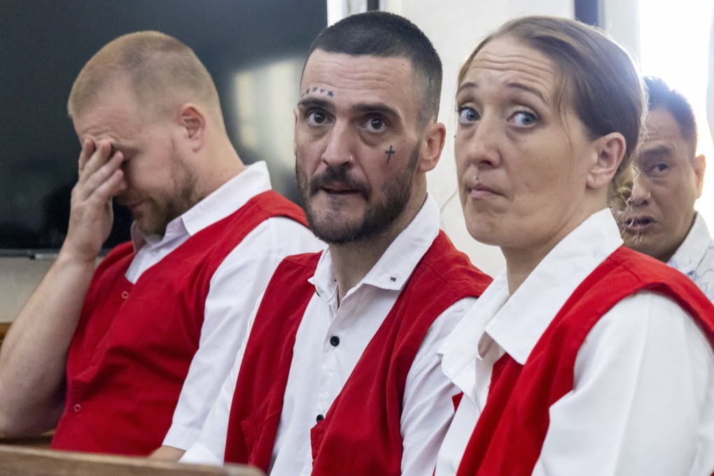 (From left) Phineas Float, Jonathan Collyer and Lisa Stocker sit inside a courtroom in Bali, Indonesia, on Tuesday. Photo: EPA-EFE
