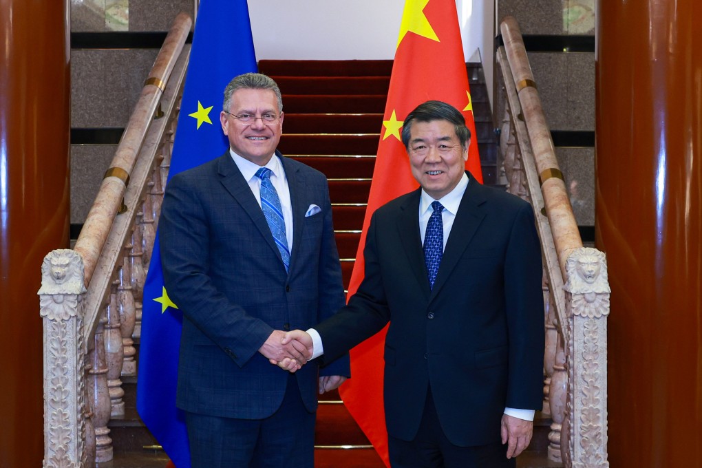Vice-Premier He Lifeng (right) meets with European Commissioner for Trade and Economic Security Maros Sefcovic in Beijing in March. China and the EU remain deadlocked on a series of key economic issues. Photo: Xinhua
