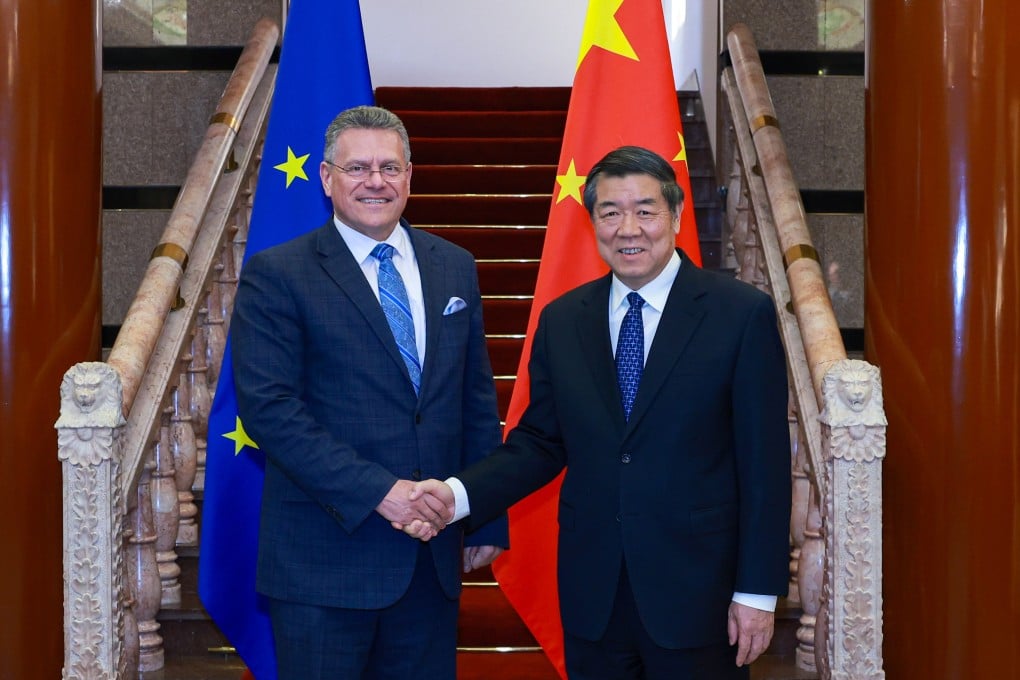 Vice-Premier He Lifeng (right) meets with European Commissioner for Trade and Economic Security Maros Sefcovic in Beijing in March. China and the EU remain deadlocked on a series of key economic issues. Photo: Xinhua
