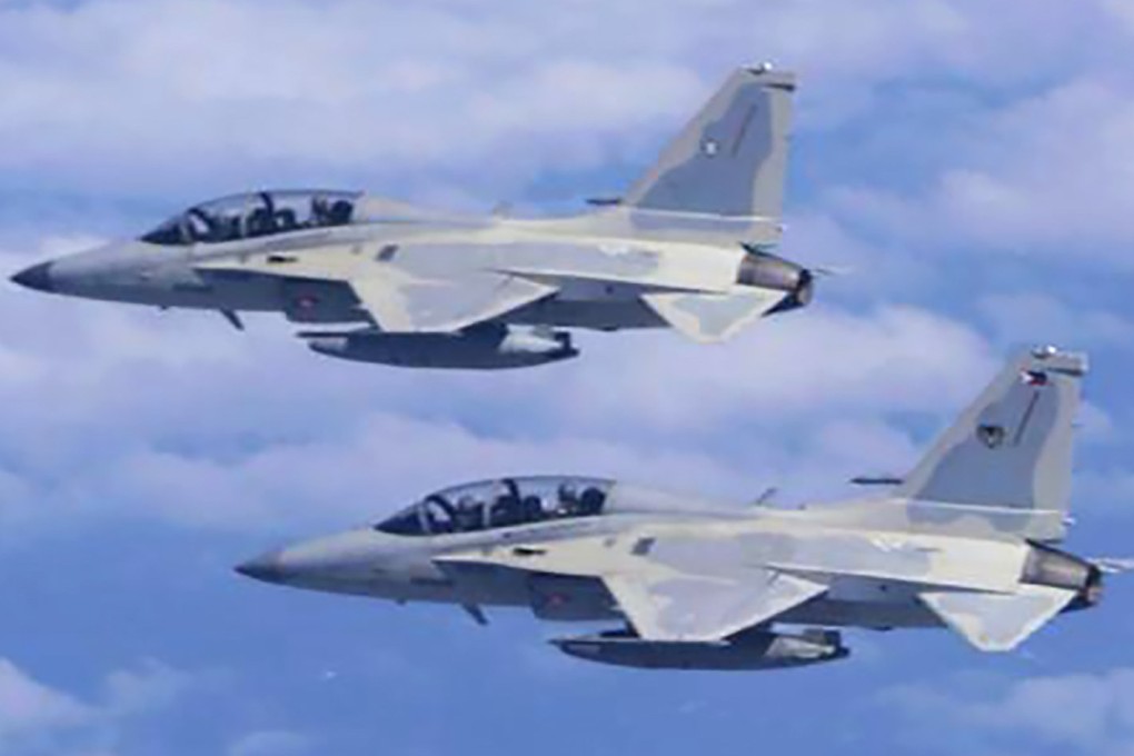 Two Philippine Air Force FA-50 fighter jets fly during a joint patrol and training session with the US over the South China Sea on February 4, 2025. Photo: Philippine Air Force/AP